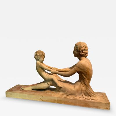 Ugo Cipriani RARE ART DECO TERRACOTTA MOTHER CHILD SCULPTURE BY UGO CIPRIANI