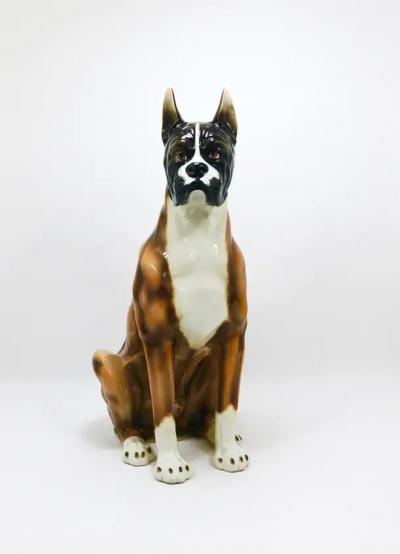 Ugo Zaccagnini Boxer Dog Life Size Majolica Statue Sculpture Glazed Ceramic Italy 1970s
