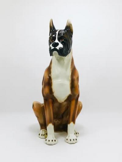 Ugo Zaccagnini Boxer Dog Life Size Majolica Statue Sculpture Glazed Ceramic Italy 1970s