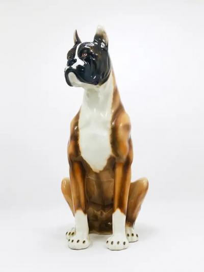 Ugo Zaccagnini Boxer Dog Life Size Majolica Statue Sculpture Glazed Ceramic Italy 1970s