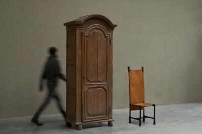 Unique Brutalist High Back Accent Chair in Wrought Iron Patinated Leather