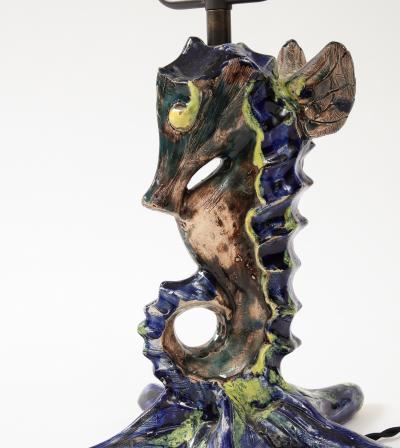 Unique Glazed Ceramic Table Lamp in the Shape of a Seahorse France 20th C