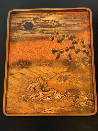 Unique Japanese Lacquered Maki e Suzuribako with Woven Bamboo Cover