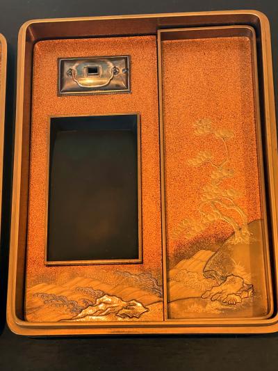 Unique Japanese Lacquered Maki e Suzuribako with Woven Bamboo Cover