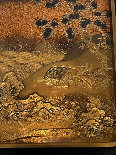 Unique Japanese Lacquered Maki e Suzuribako with Woven Bamboo Cover