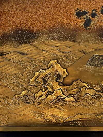 Unique Japanese Lacquered Maki e Suzuribako with Woven Bamboo Cover