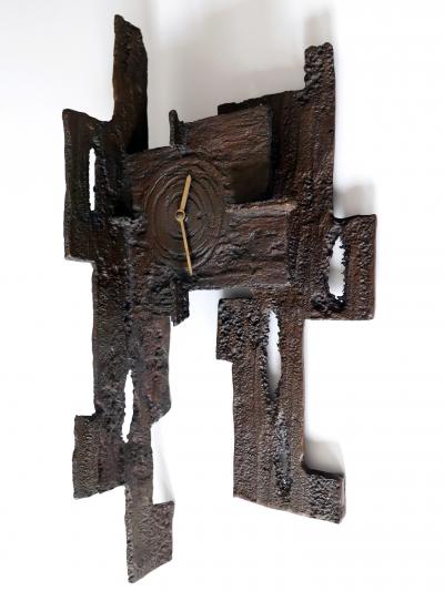 Unique Large Mid Century Modern City Brutalist Bronze Wall Clock 1960s
