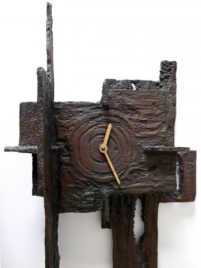 Unique Large Mid Century Modern City Brutalist Bronze Wall Clock 1960s