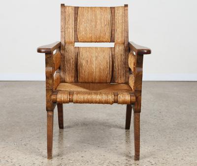 Unique Pair of French 1950s Oak Armchairs with Woven Seat and Back