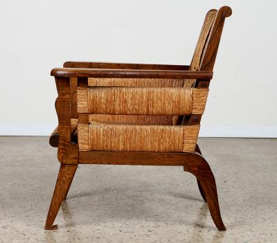 Unique Pair of French 1950s Oak Armchairs with Woven Seat and Back