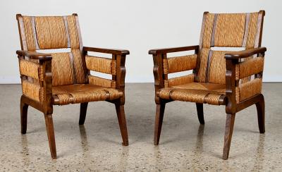 Unique Pair of French 1950s Oak Armchairs with Woven Seat and Back