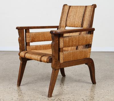 Unique Pair of French 1950s Oak Armchairs with Woven Seat and Back