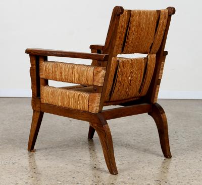 Unique Pair of French 1950s Oak Armchairs with Woven Seat and Back