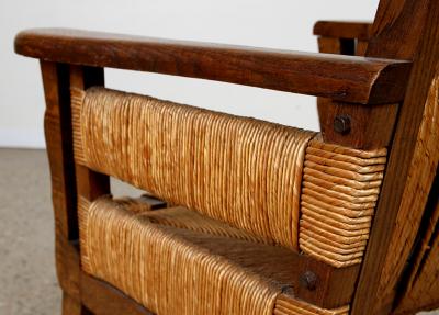 Unique Pair of French 1950s Oak Armchairs with Woven Seat and Back
