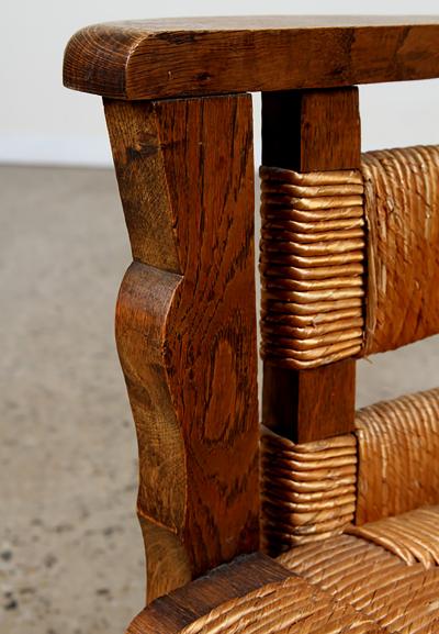 Unique Pair of French 1950s Oak Armchairs with Woven Seat and Back