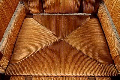Unique Pair of French 1950s Oak Armchairs with Woven Seat and Back