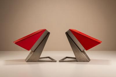 Unique Post modern Sculptural Pair of Lounge Chairs in Metal and Red Leather