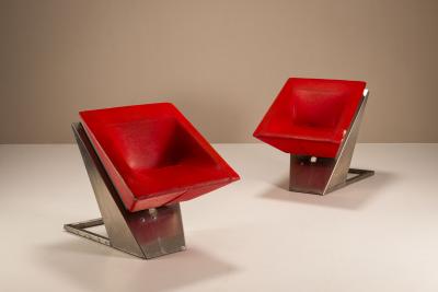 Unique Post modern Sculptural Pair of Lounge Chairs in Metal and Red Leather