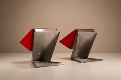 Unique Post modern Sculptural Pair of Lounge Chairs in Metal and Red Leather