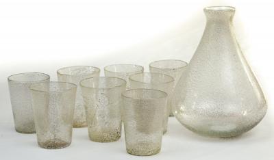 Unique Set Of 9 Modern Italian Murano Silver Blown Cups With Carafe