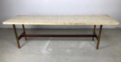 Unique Travertine Walnut and Brass Cocktail Table Designed by Phillip Enfield