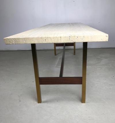 Unique Travertine Walnut and Brass Cocktail Table Designed by Phillip Enfield