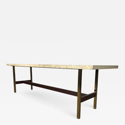 Unique Travertine Walnut and Brass Cocktail Table Designed by Phillip Enfield