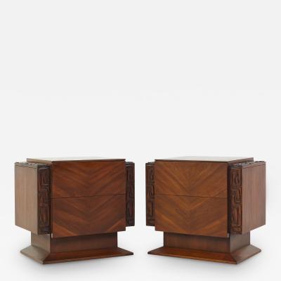 United Mid Century Walnut Tiki Brutalist Nightstands Pair