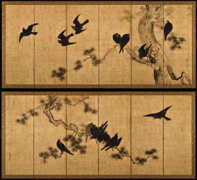 Unkoku Toshuku Mid 18th Century Japanese Screen Pair Crows Pines by Unkoku Toshuku