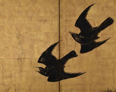 Unkoku Toshuku Mid 18th Century Japanese Screen Pair Crows Pines by Unkoku Toshuku