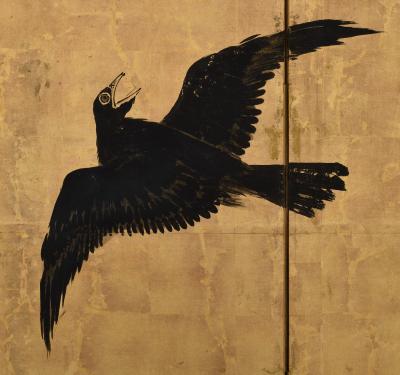 Unkoku Toshuku Mid 18th Century Japanese Screen Pair Crows Pines by Unkoku Toshuku