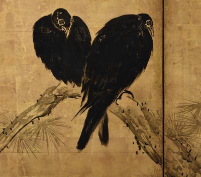 Unkoku Toshuku Mid 18th Century Japanese Screen Pair Crows Pines by Unkoku Toshuku
