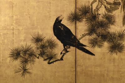 Unkoku Toshuku Mid 18th Century Japanese Screen Pair Crows Pines by Unkoku Toshuku