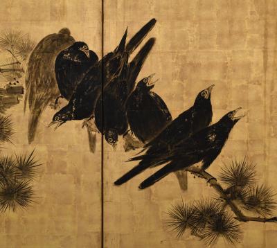 Unkoku Toshuku Mid 18th Century Japanese Screen Pair Crows Pines by Unkoku Toshuku