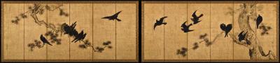 Unkoku Toshuku Mid 18th Century Japanese Screen Pair Crows Pines by Unkoku Toshuku