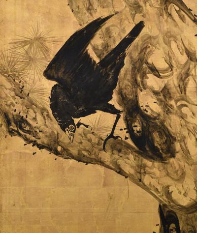 Unkoku Toshuku Mid 18th Century Japanese Screen Pair Crows Pines by Unkoku Toshuku