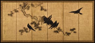 Unkoku Toshuku Mid 18th Century Japanese Screen Pair Crows Pines by Unkoku Toshuku