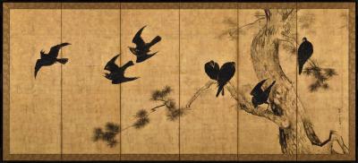 Unkoku Toshuku Mid 18th Century Japanese Screen Pair Crows Pines by Unkoku Toshuku