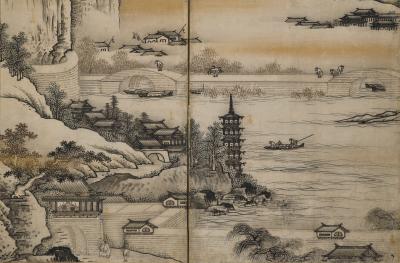 Unkoku Toyo 17th Century Japanese Screen View of West Lake by Unkoku Toyo