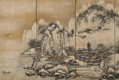 Unkoku Toyo 17th Century Japanese Screen View of West Lake by Unkoku Toyo