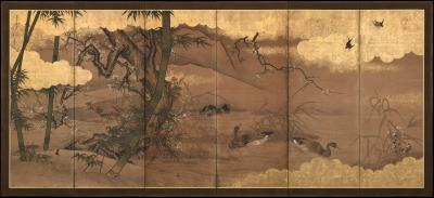 Unkoku Toyo 17th Century Japanese Unkoku Screen Flowers Birds of Winter and Early Spring