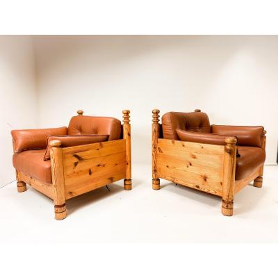 Uno Osten Kristiansson Pair of Pine Lounge Chairs by Uno and Osten Kristiansson