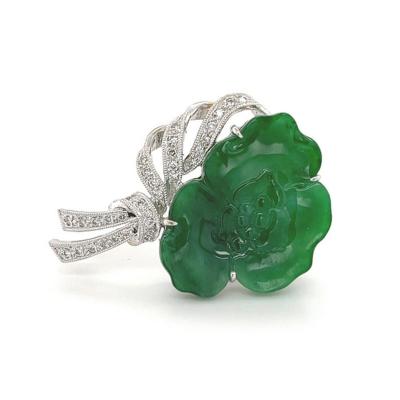 Untreated Jade and Diamond Flower Grapevine Brooch Pendant