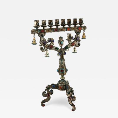 Unusual And Large Judaica Silver Plate Menorah With Gemstones