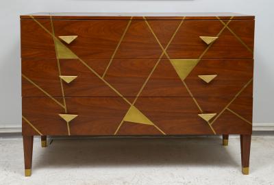 Unusual Brass inlaid Mahogany Chest with Geometric Pattern and Bronze Pulls