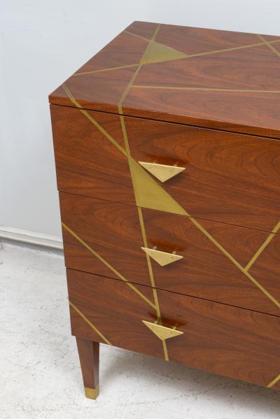 Unusual Brass inlaid Mahogany Chest with Geometric Pattern and Bronze Pulls
