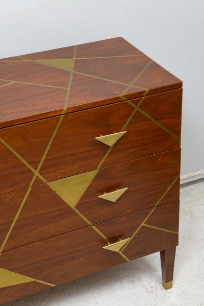 Unusual Brass inlaid Mahogany Chest with Geometric Pattern and Bronze Pulls