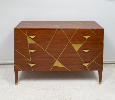 Unusual Brass inlaid Mahogany Chest with Geometric Pattern and Bronze Pulls