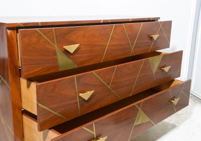 Unusual Brass inlaid Mahogany Chest with Geometric Pattern and Bronze Pulls