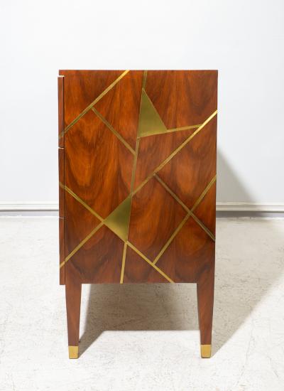 Unusual Brass inlaid Mahogany Chest with Geometric Pattern and Bronze Pulls